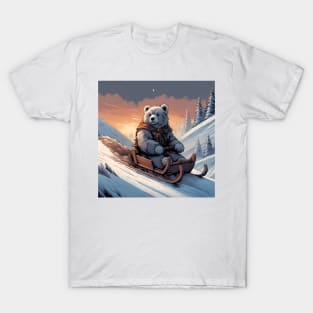 Teddy on a sledge riding down a hill in the snow T-Shirt